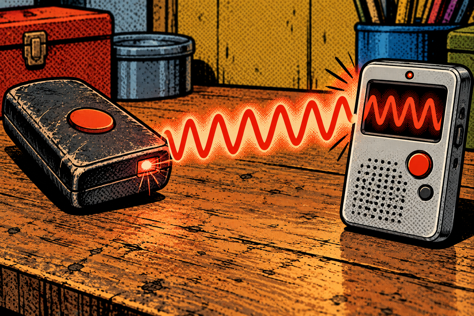 Comic: a worn old fixed-code remote broadcasts the same signal while an equally cheap recorder copies it