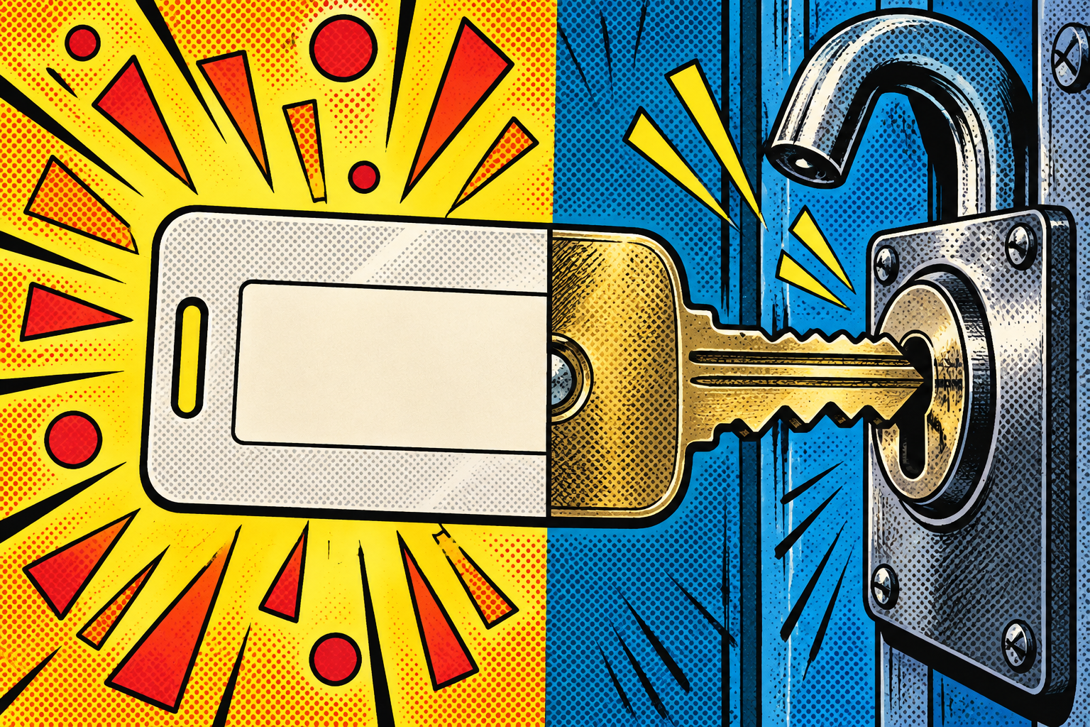 Comic: a card that is half plain nameplate and half a real key turning in a lock