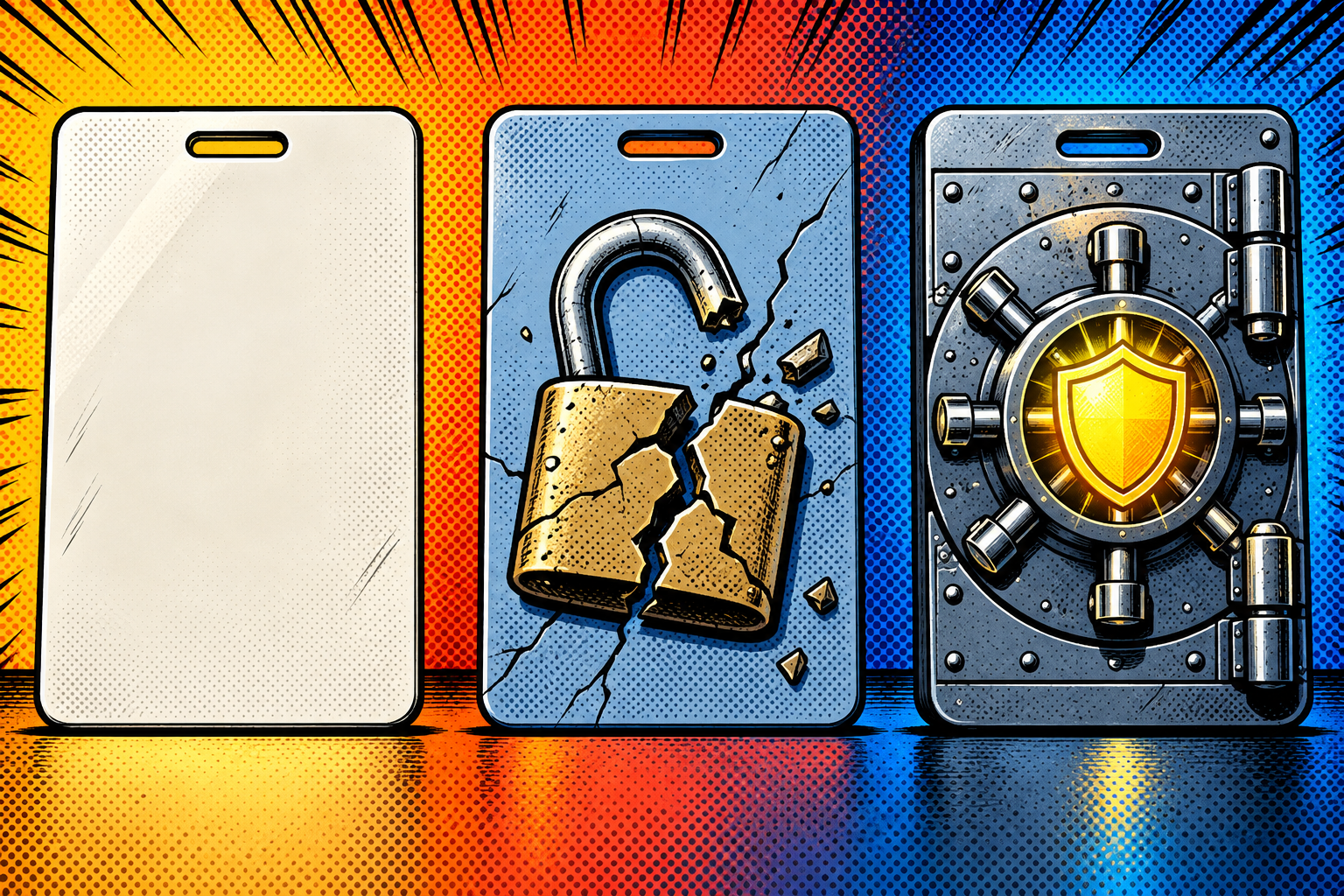 Comic: three access cards from weak to strong, a plain nameplate, a cracked padlock, and a bank-vault card