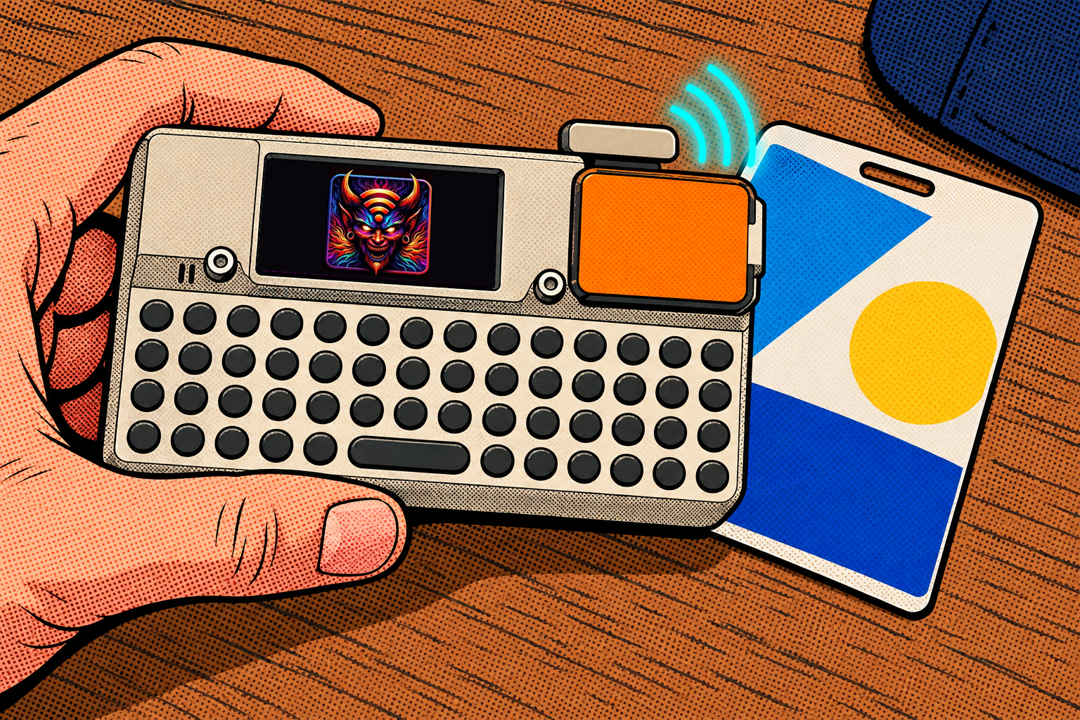 Comic: an M5Cardputer with an NFC cap reads an access badge held close to it