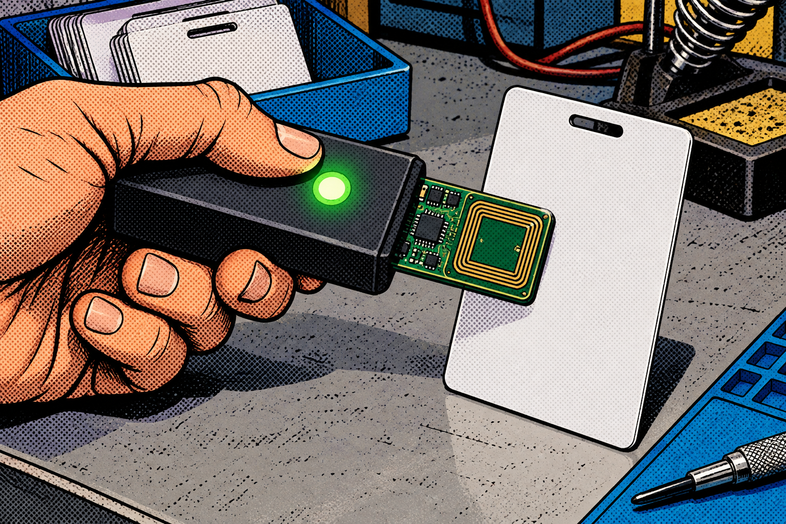 Comic: a small gadget with an NFC antenna is held to an access badge to reveal if it is weak or strong