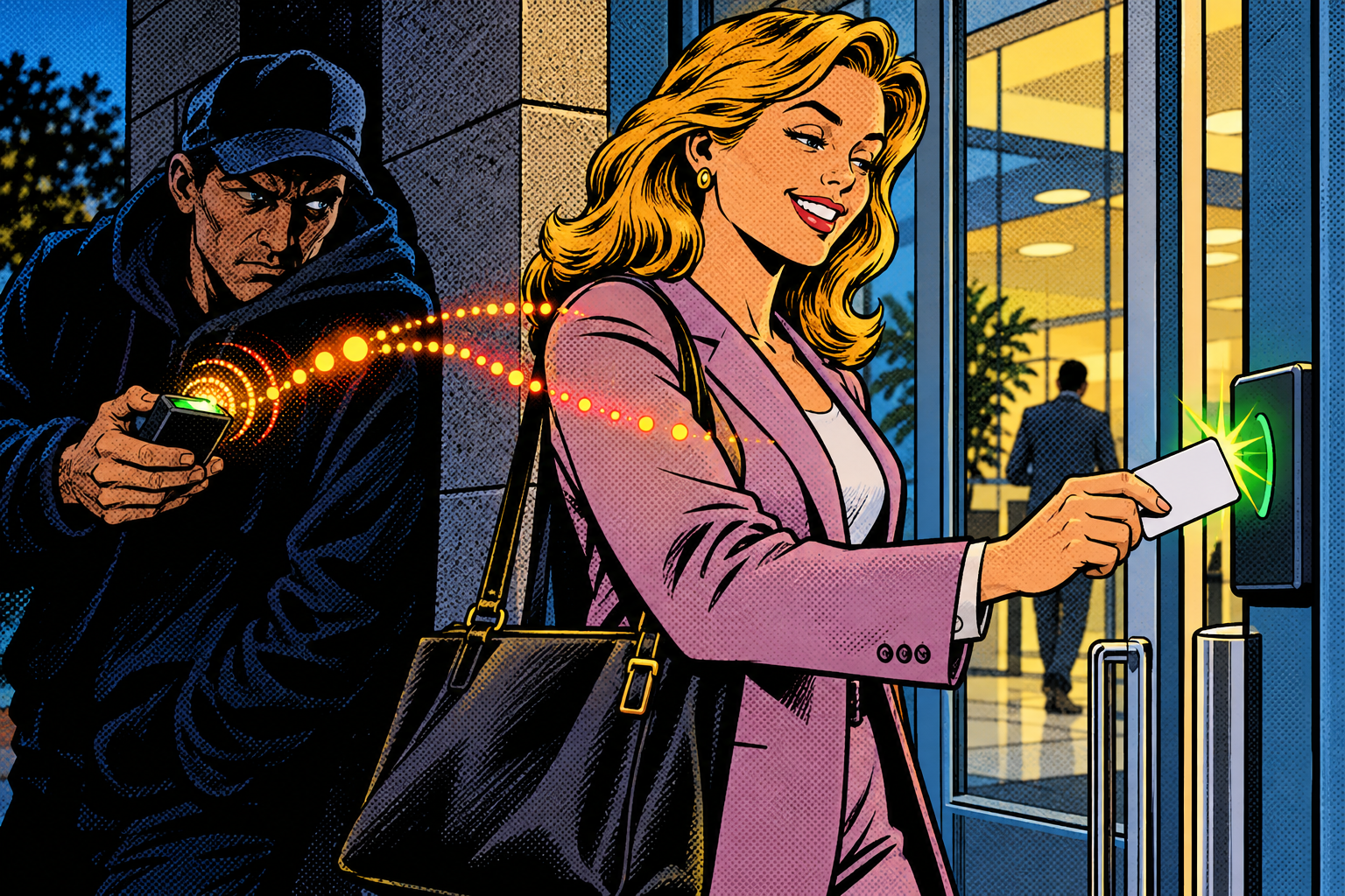 Comic: a commuter confidently taps a badge while a lurker behind secretly reads it with a pocket gadget