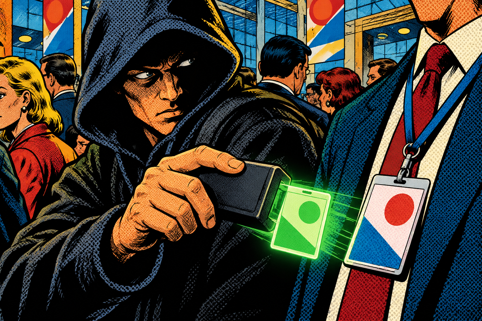Comic scene: a hooded figure in a crowd clones an access badge with a handheld reader