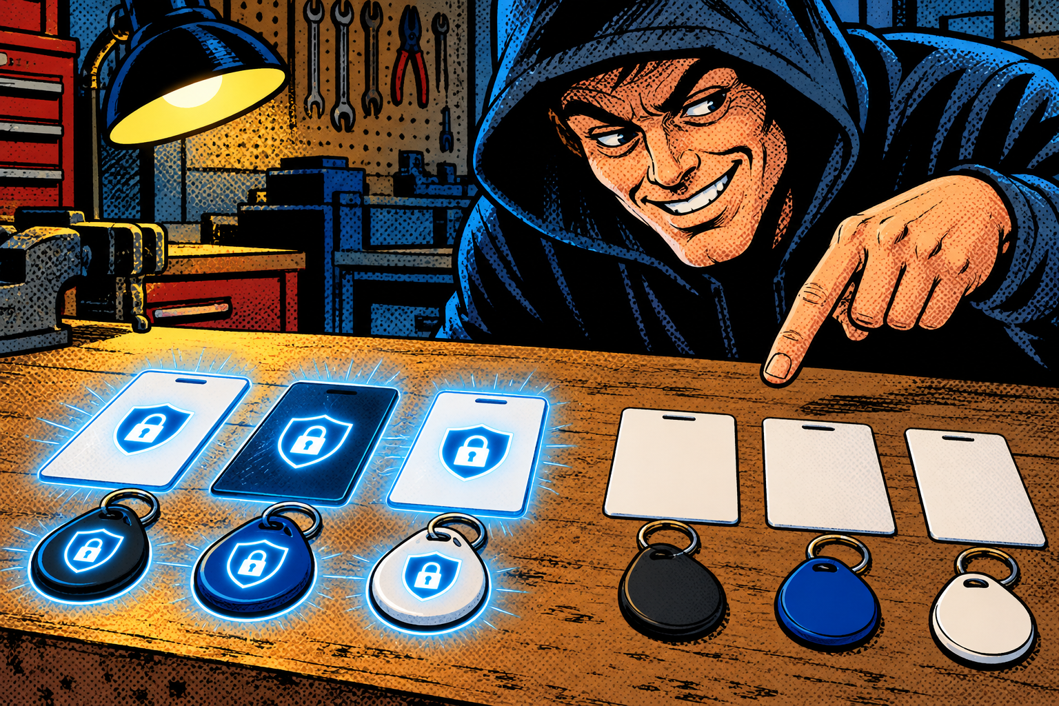 Comic: secure cards and fobs glowing with padlocks beside plain uncopyable ones, a hooded figure eyeing the plain ones