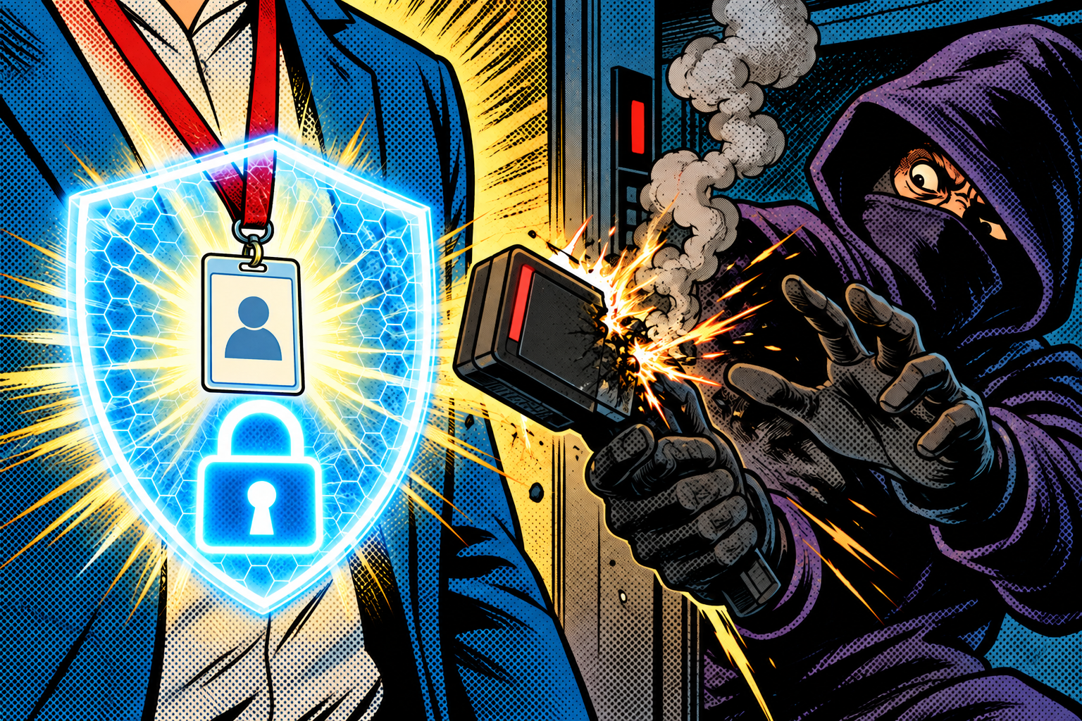 Comic: a protected access badge with a padlock shield makes a hacker reader spark and fail