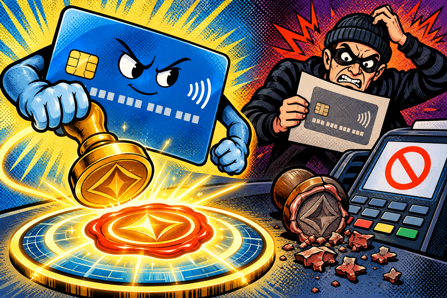 Comic: a bank card stamps each payment with a unique one-time seal, so a copied card cannot pay