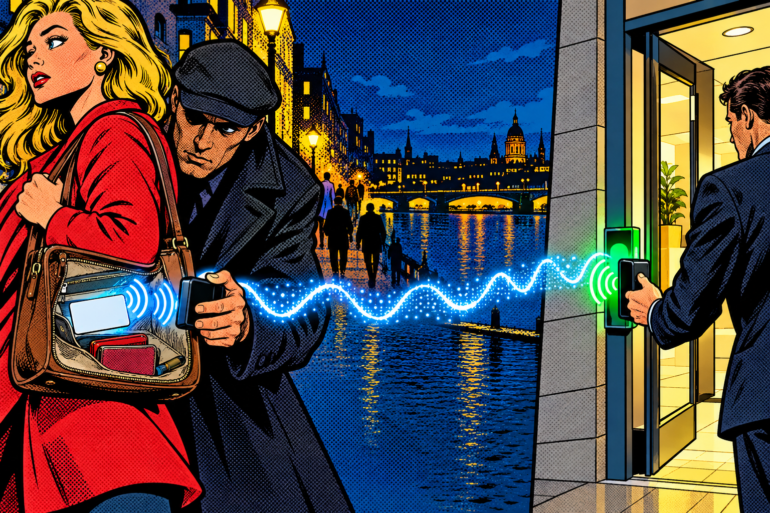 Comic: a victim's card read in a bag is relayed live across the city to a gadget at a door reader