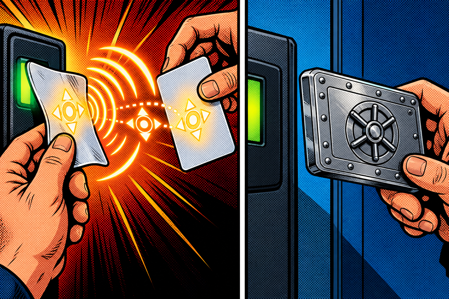 Comic: a weak contactless card that broadcasts a copyable number versus a strong vault-like card that gives nothing away