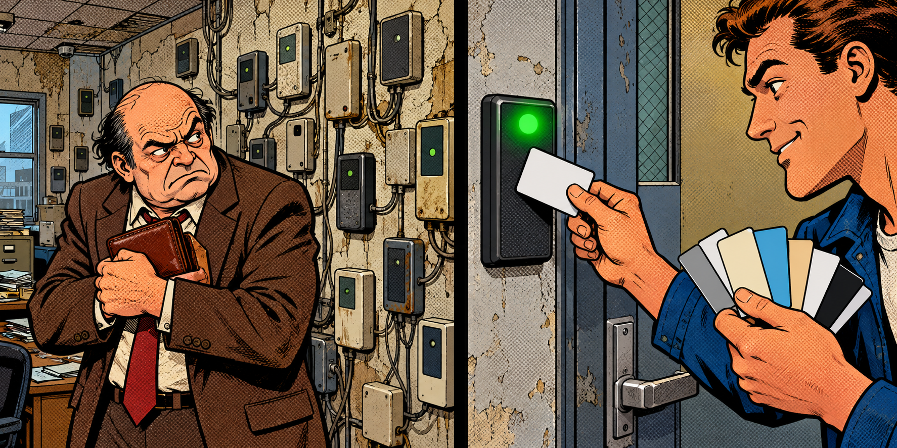 Comic: an old building full of cheap outdated card readers nobody replaces, and a reader that trusts any card held near it