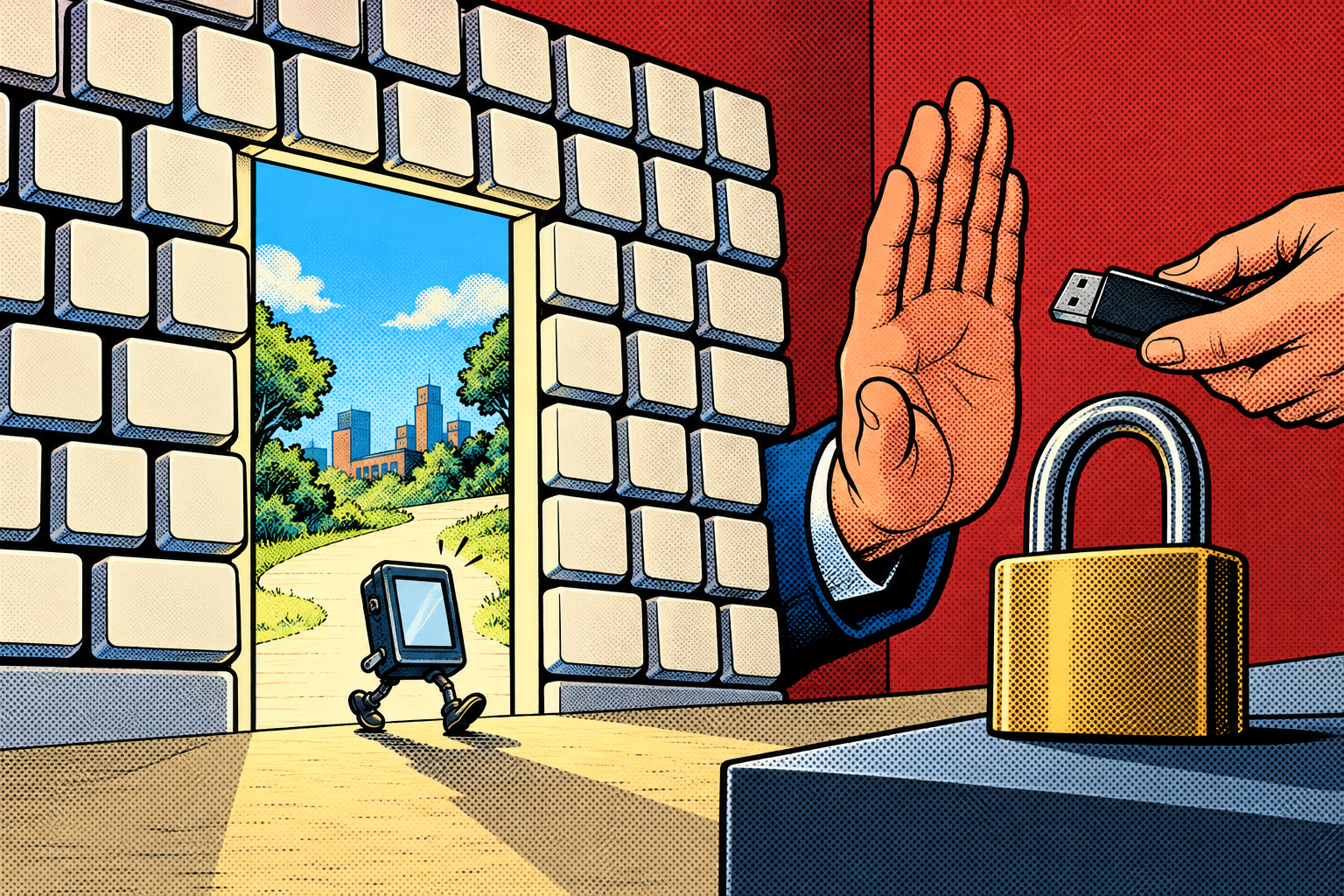 Comic: a tiny device strolls through a doorway in a wall of keyboard keys while a hand refuses a USB stick beside a padlock