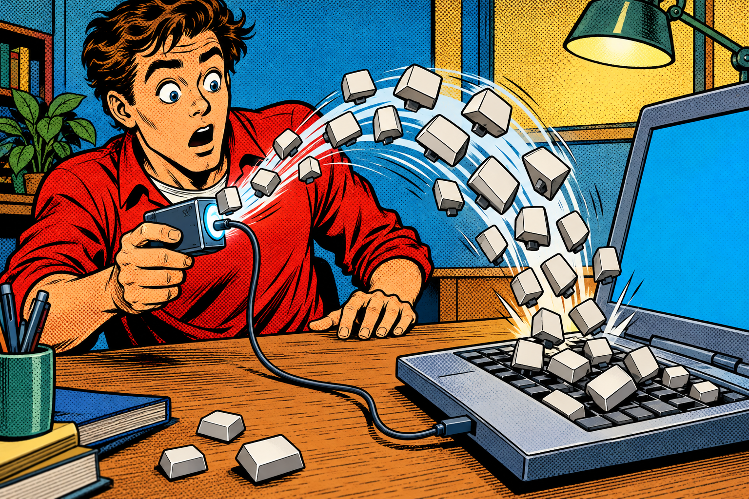 Comic: a pocket gadget plugged into a laptop unleashes a stream of flying keys as a live demonstration