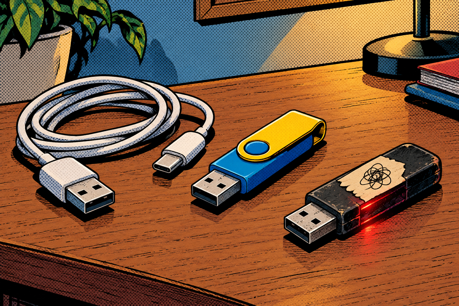 Comic: a charging cable, a conference USB stick and a found thumb drive, one with a sinister glow