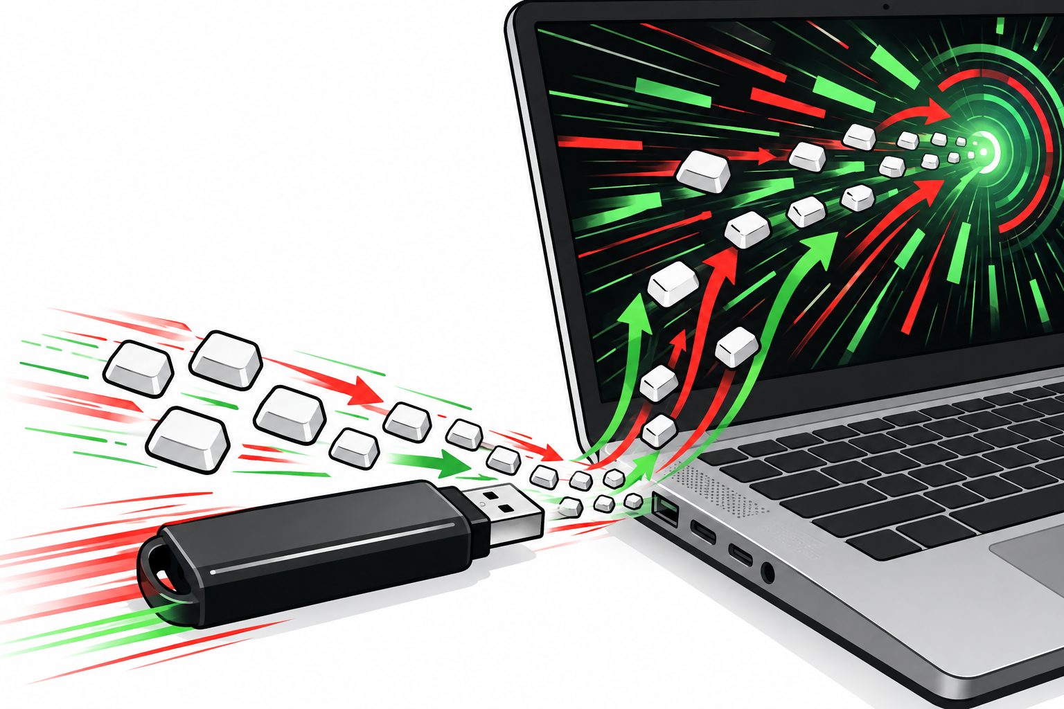 Diagram of a BadUSB attack: a USB stick injects a fast stream of keystroke commands into a laptop