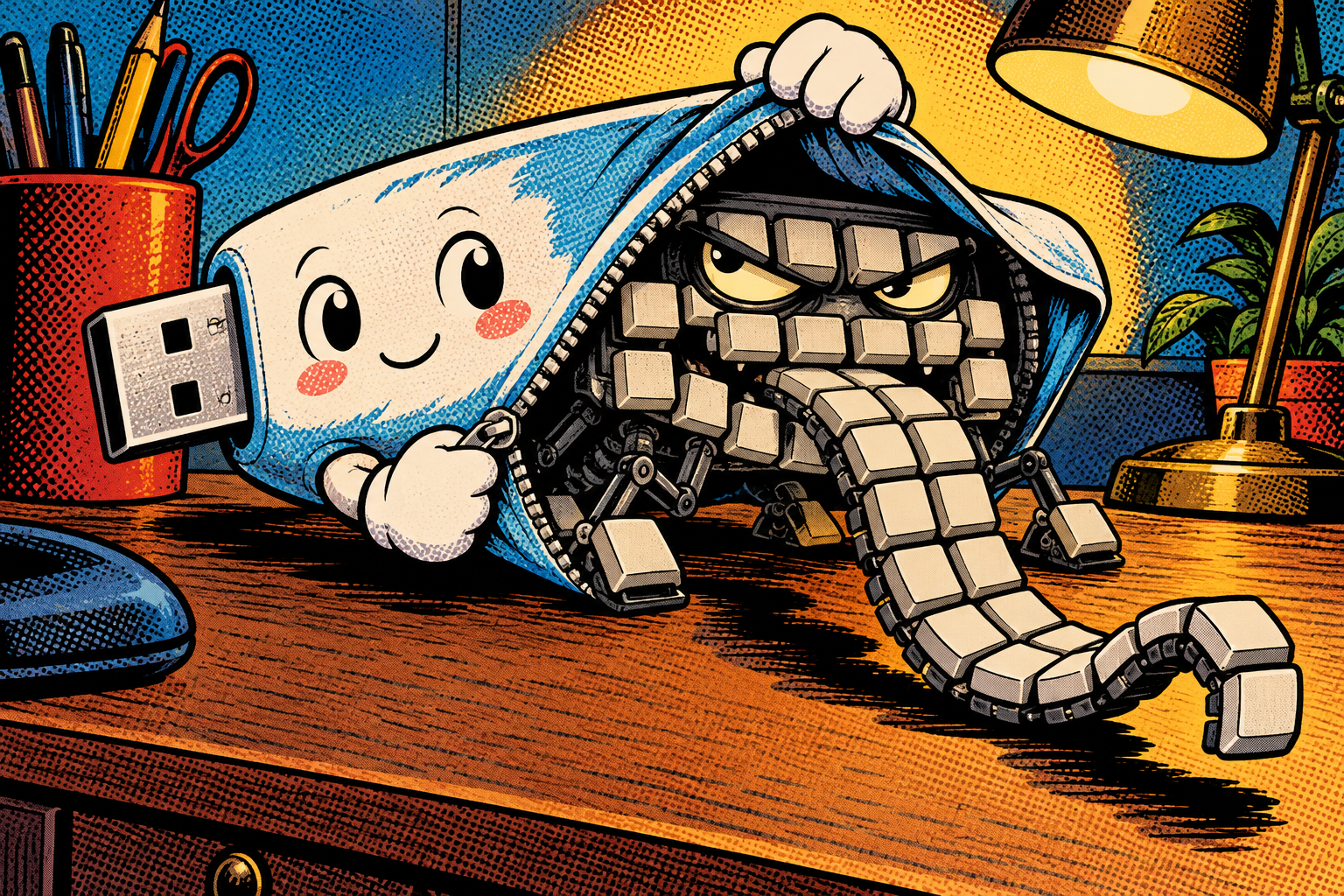 Comic: a friendly USB stick unzips a disguise to reveal a sneaky keyboard creature, the keyboard that is not