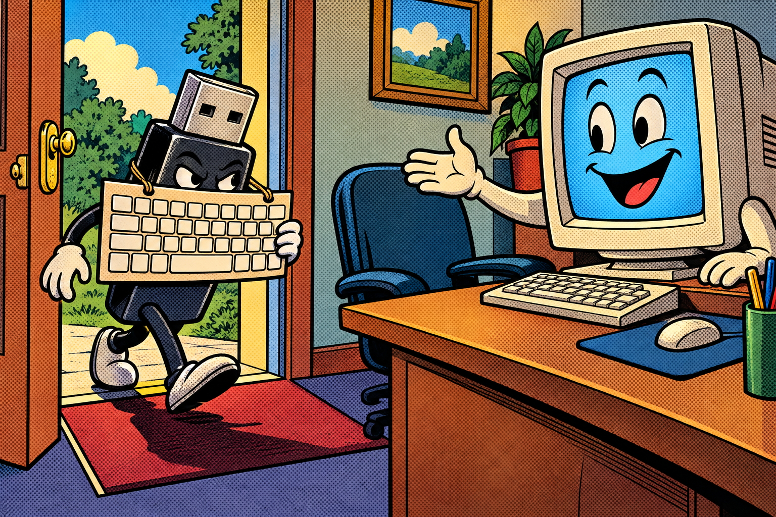 Comic: a USB device wearing a keyboard name-badge mask is waved straight into an office by a trusting computer