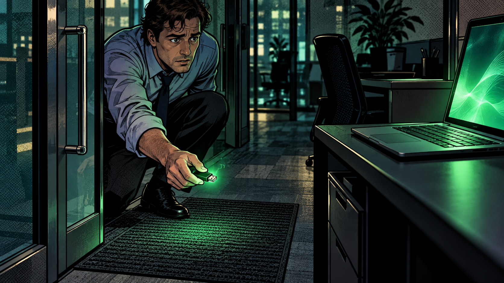 Illustration of an office worker picking up a dropped USB stick by the door and plugging it into a laptop