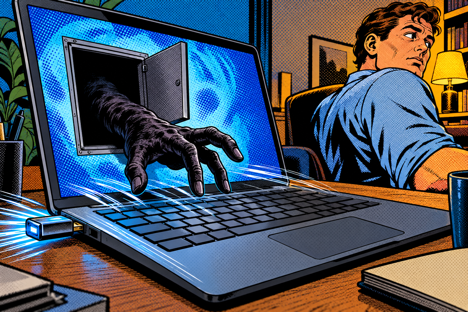 Comic: a shadowy hand reaches through a backdoor on a laptop while its distracted owner looks away