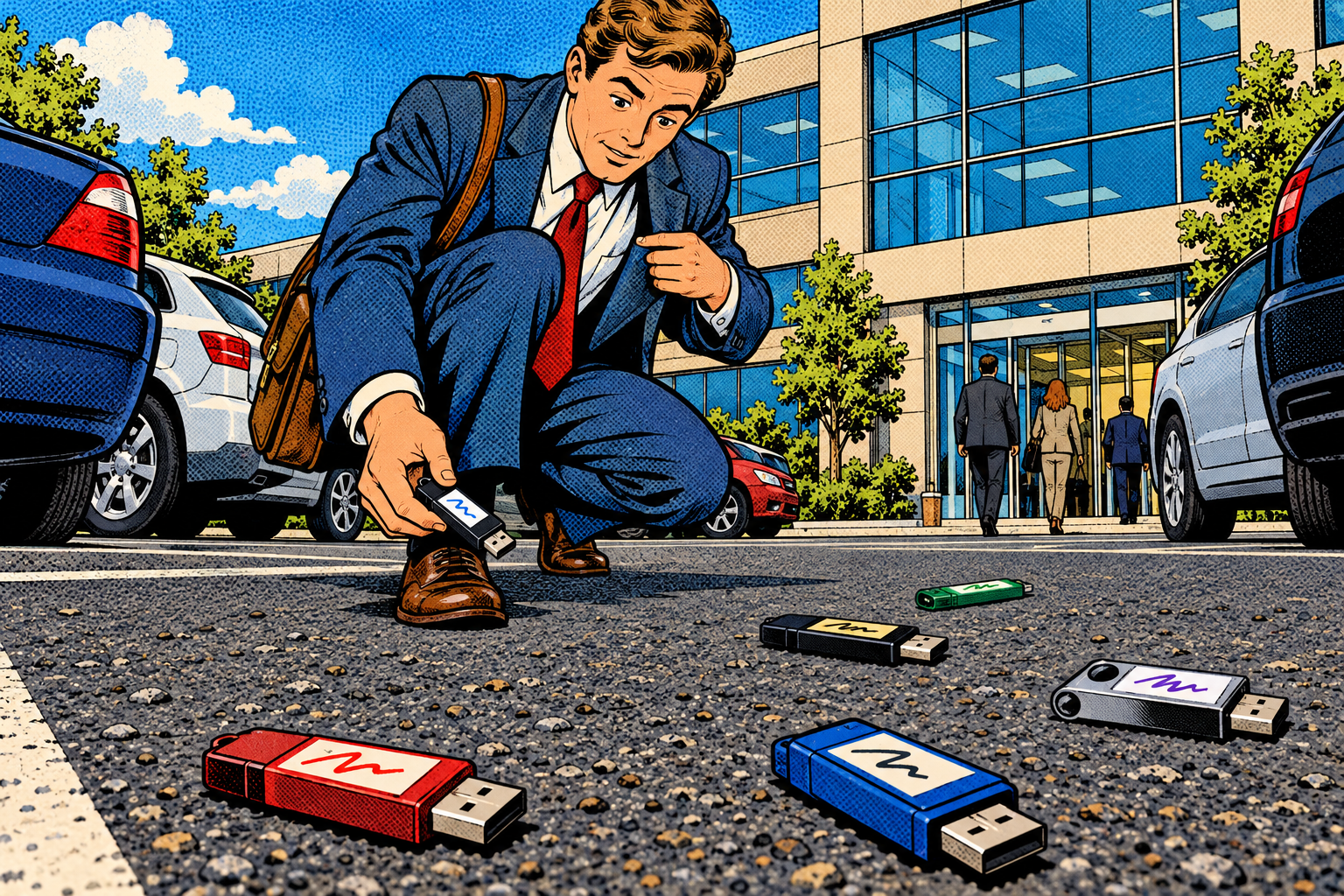 Comic: scattered USB sticks in a company car park and a curious worker bending to pick one up