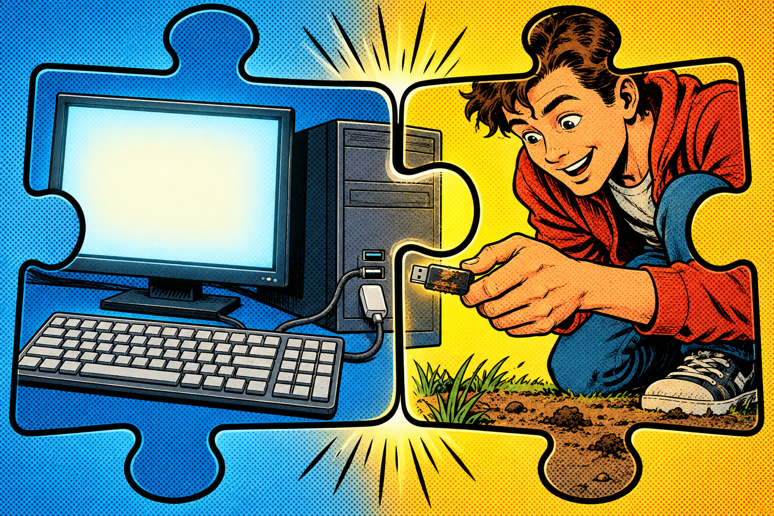Comic: two puzzle pieces, a computer that cannot check a keyboard and a person plugging in a found stick, fitting together