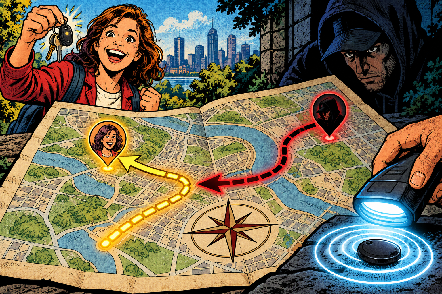 Comic: a map that points two ways, reuniting a person with keys and being used by a stranger to find them, beside a scanner catching a silent tracker