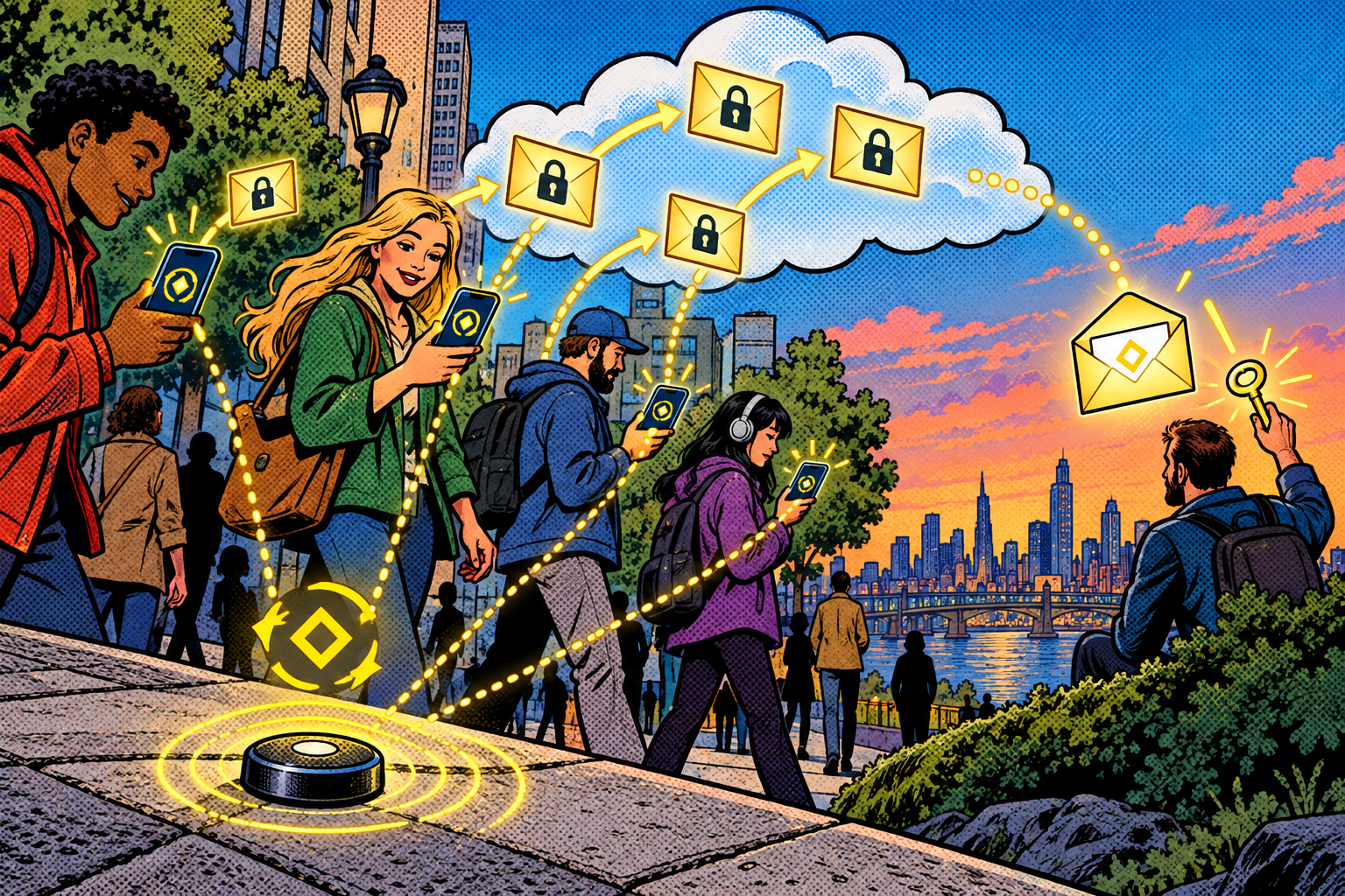 Comic: a tracker broadcasts a rotating code, passing phones seal encrypted location envelopes up to a cloud only the owner can open