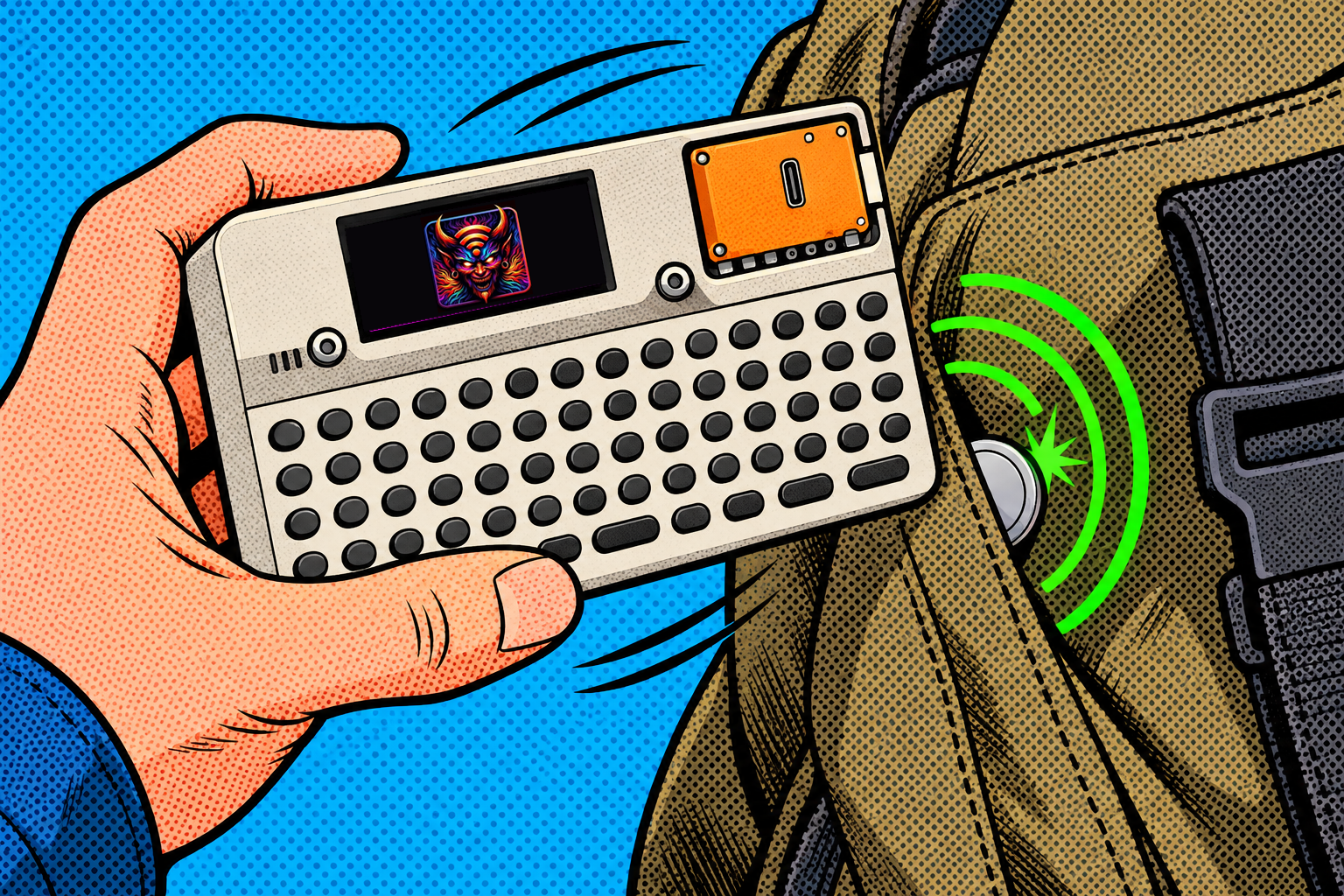 Comic: a hand sweeps an M5Cardputer over a bag and it flags a hidden tracker