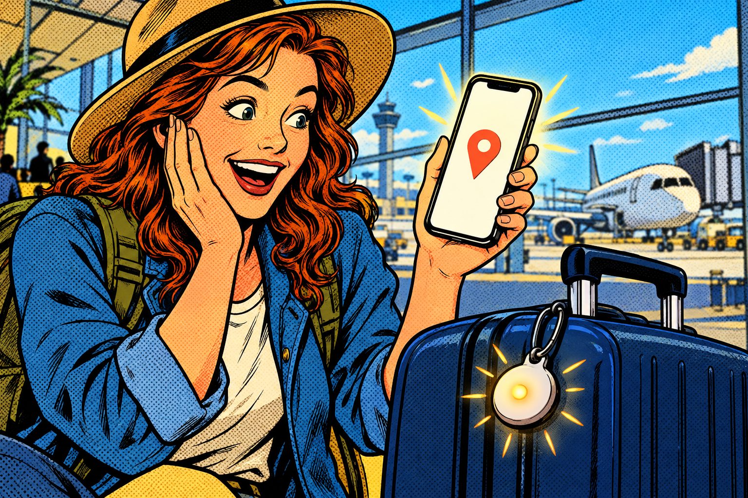 Comic: a delighted traveller sees a map pin on her phone as a tracker glows on her luggage