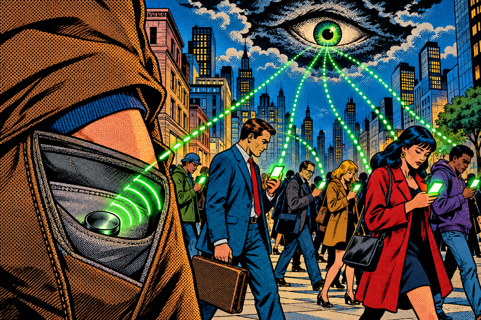 Comic: a hidden tracker pings a crowd of phones that relay a location trail up to a watching eye in the sky