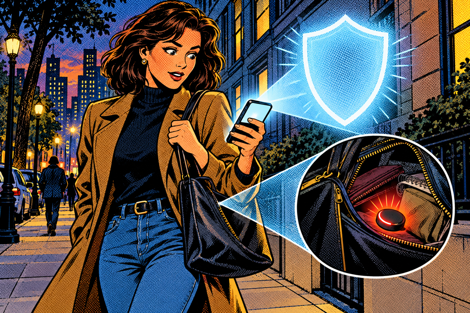 Comic: a person’s phone alerts with a shield, revealing a hidden tracker disc in their bag