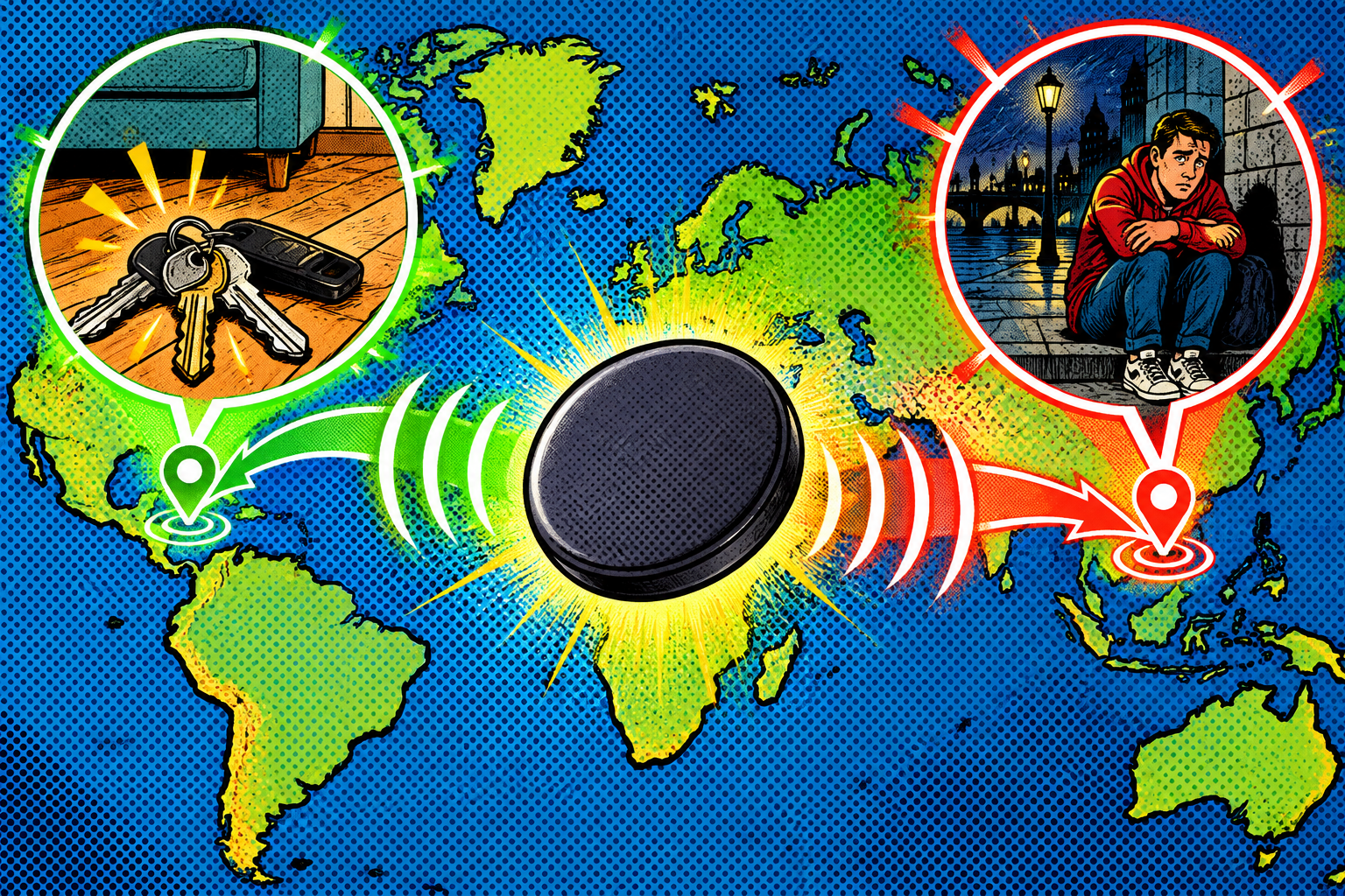 Comic: a coin-sized tracker at the centre of a world map, finding lost keys on one side and a worried person on the other