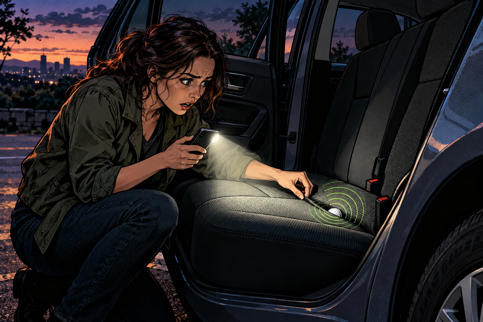 Illustration of a woman finding a small hidden tracking disc in her car seat and realising she is being followed
