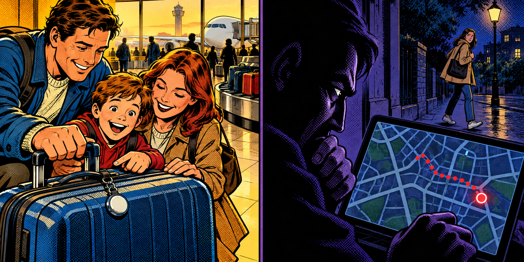Comic: a family happily reunited with lost luggage versus a shadowy figure secretly tracking a person, the difference being consent