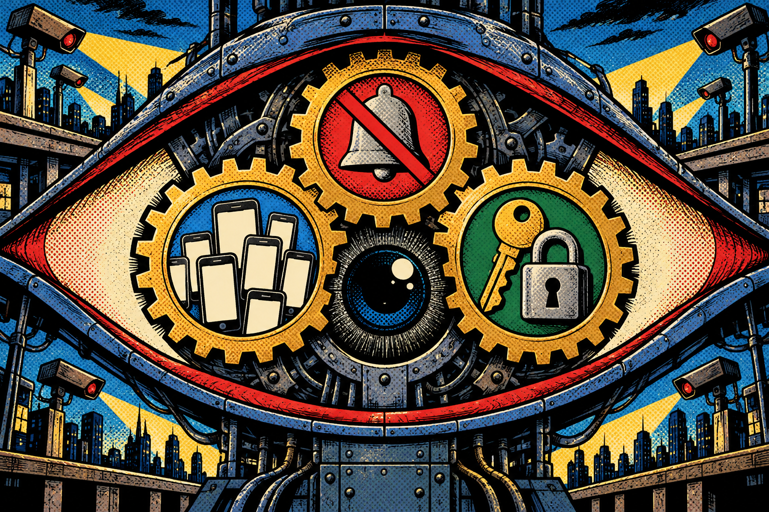 Comic: three innocent gears, a silent bell, a cluster of phones and a locked key, meshing into one watching eye