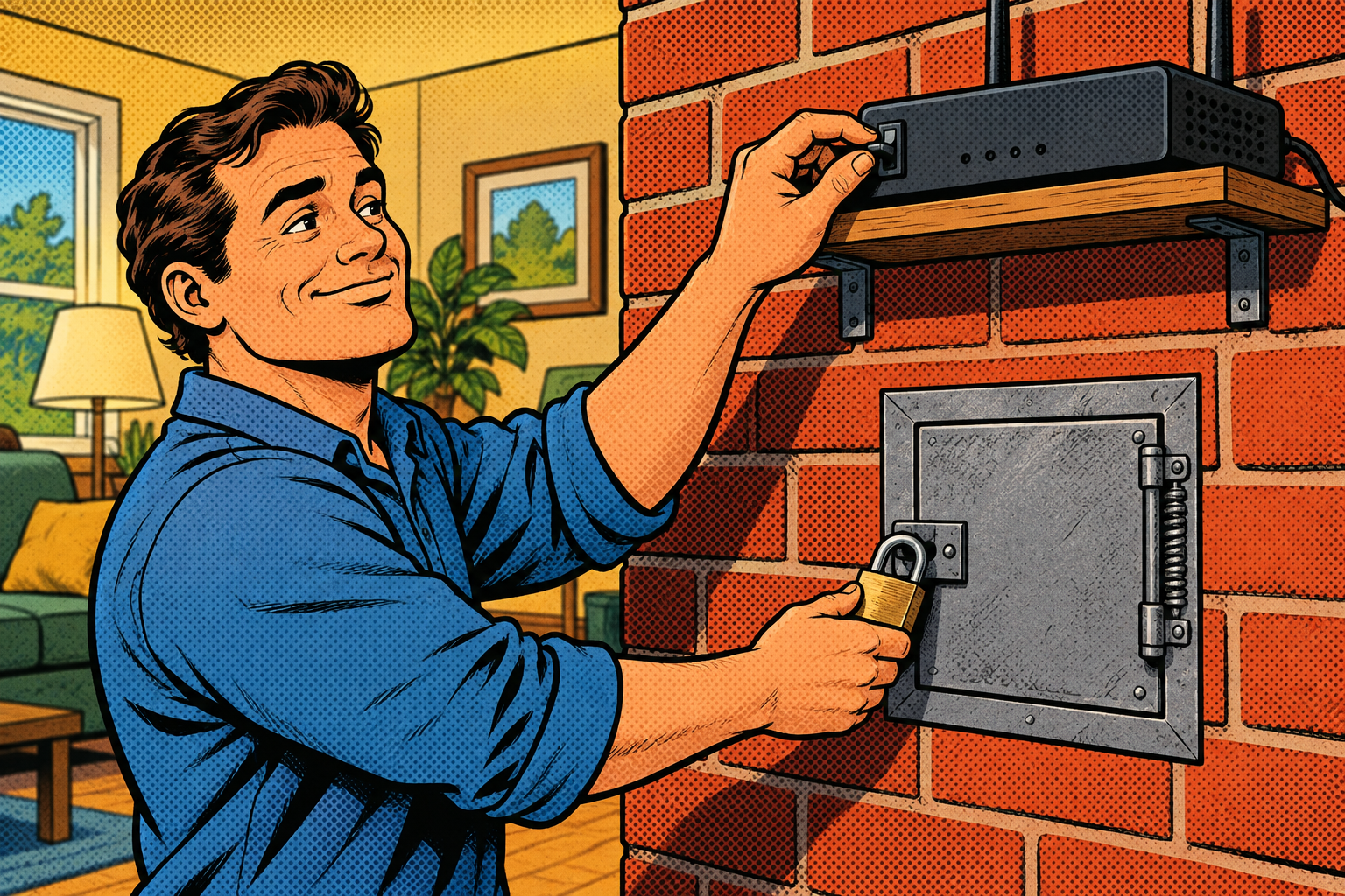 Comic: a homeowner flips the router switch off and padlocks the self-opening door in the firewall wall
