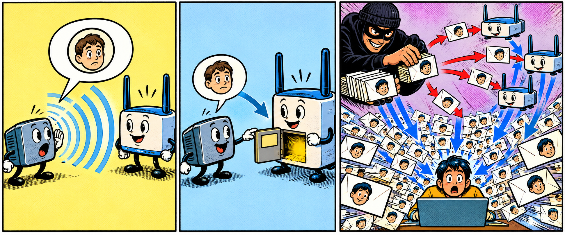 Comic: a device broadcasts a query to find the router, the router opens a port with no lock, and forged requests flood a victim