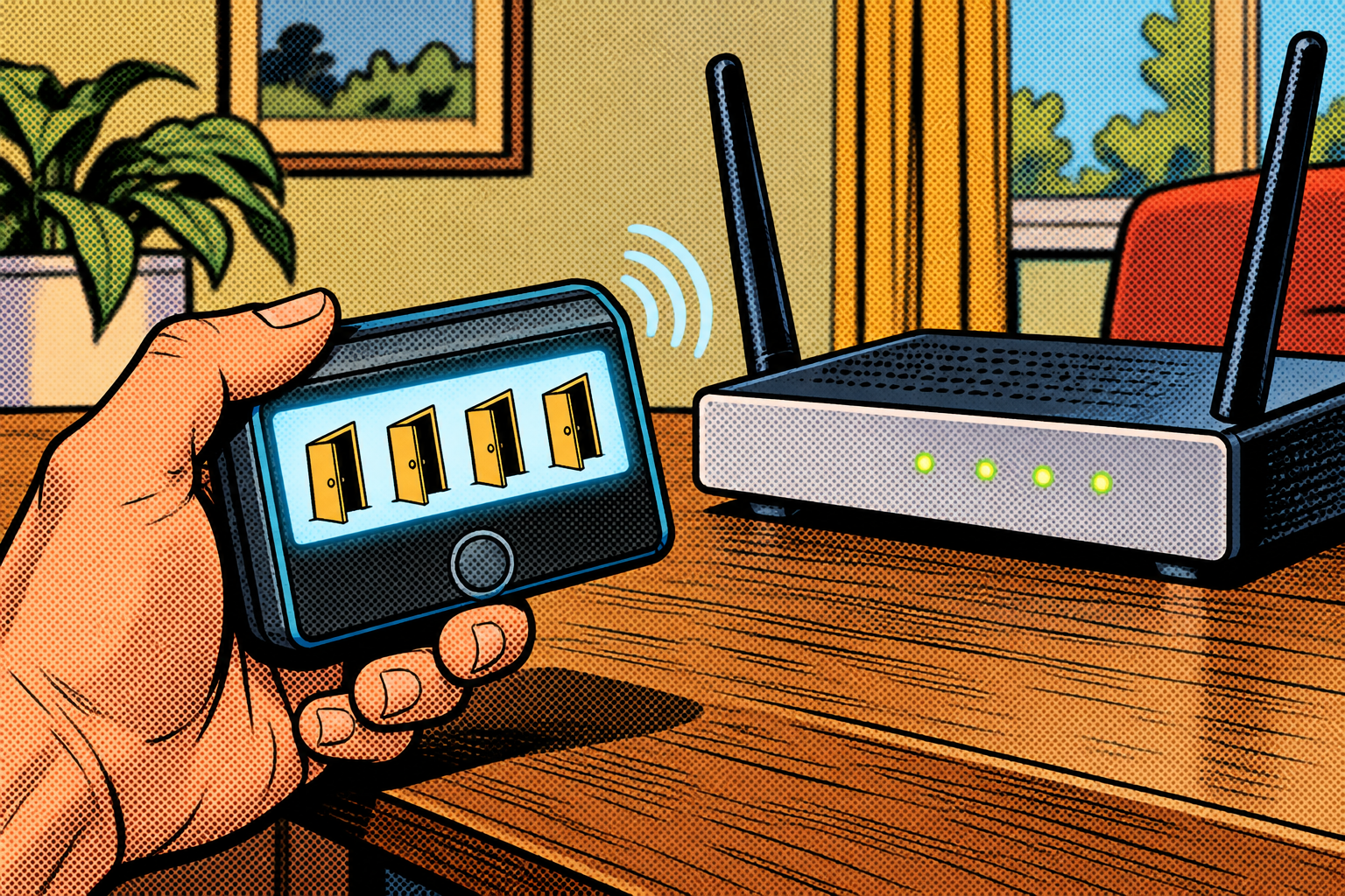 Comic: a hand holds a gadget that lists the router's open doors, read-only, revealing how many stand open