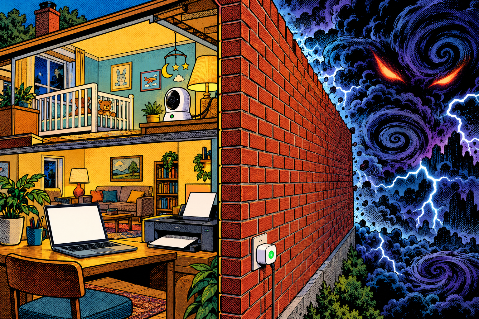 Comic: a home full of gadgets, camera, printer, laptop and smart plug, behind one single protective wall with an internet storm outside