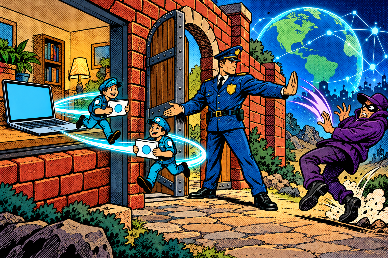Comic: a firewall guard lets a laptop's request out and its reply back, but bounces away an uninvited stranger from the internet