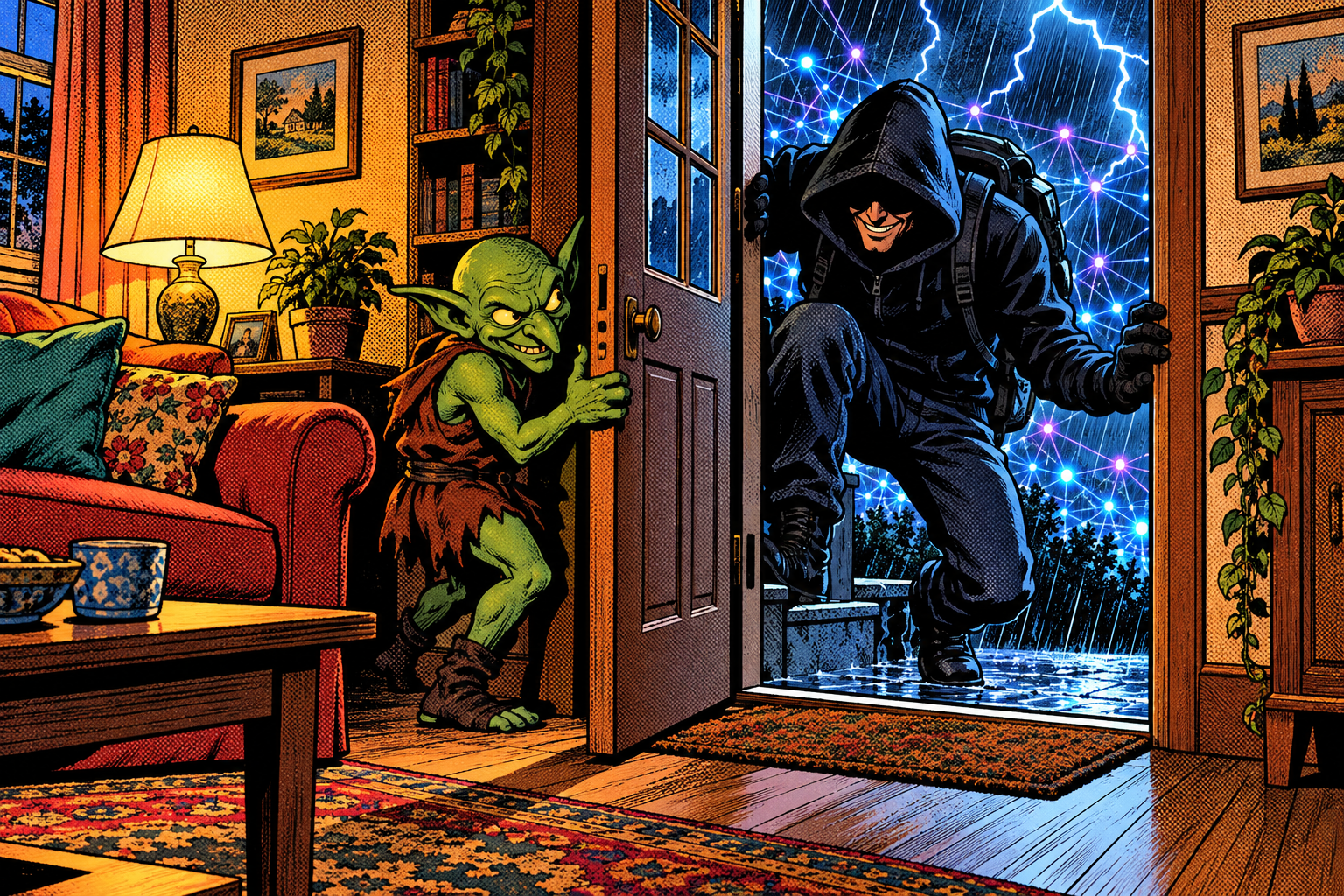 Comic: malware already inside a home opens a back door in the wall to let a hacker in from the internet