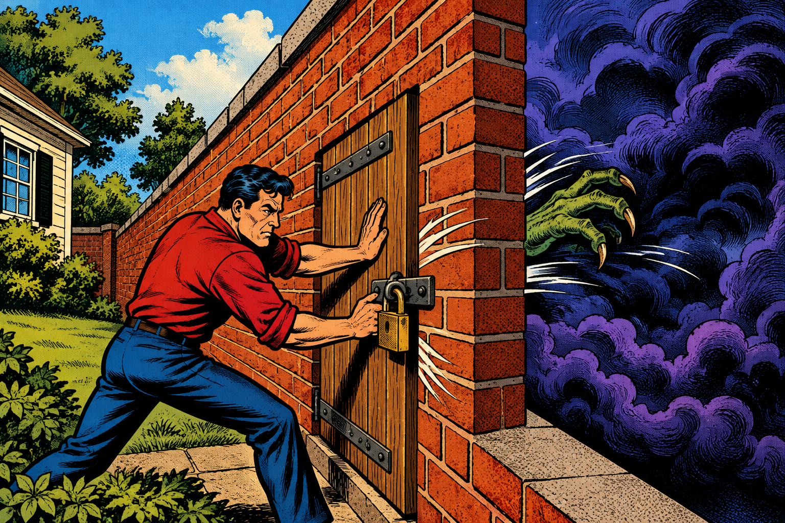 Comic: a homeowner padlocks a door in the firewall wall, blocking a hand reaching from the internet