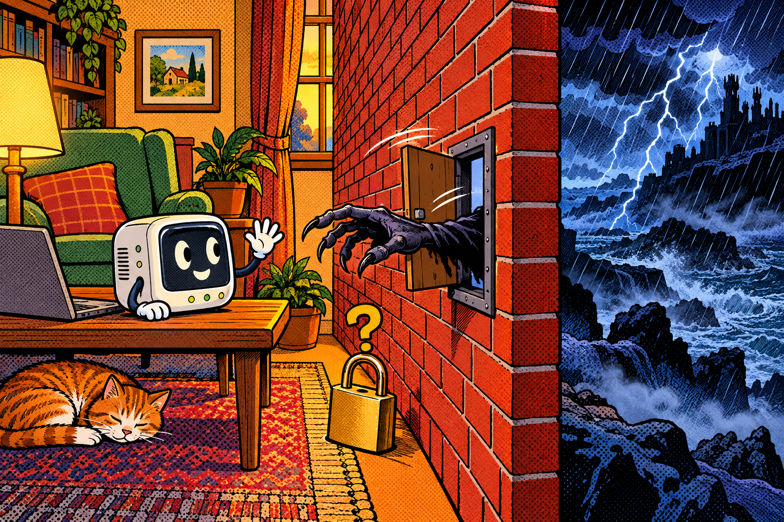 Comic: a device inside a home asks and the firewall wall opens a door on its own, a claw reaching in from the stormy internet