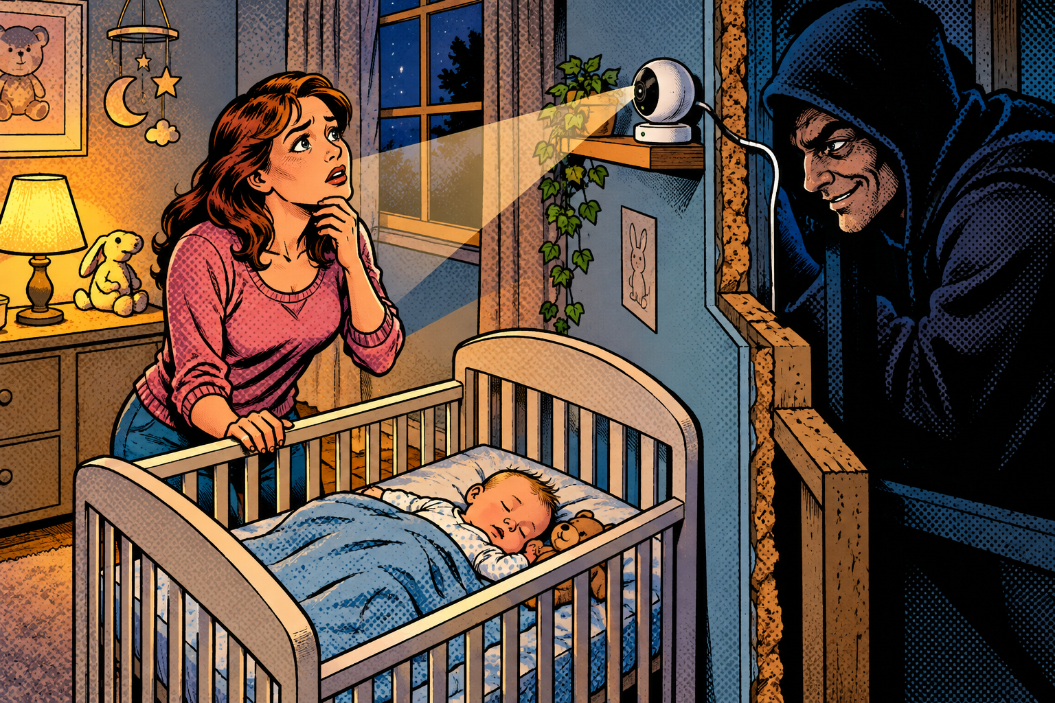 Comic scene: a mother in a nursery as a sinister stranger spies through the Wi-Fi baby monitor