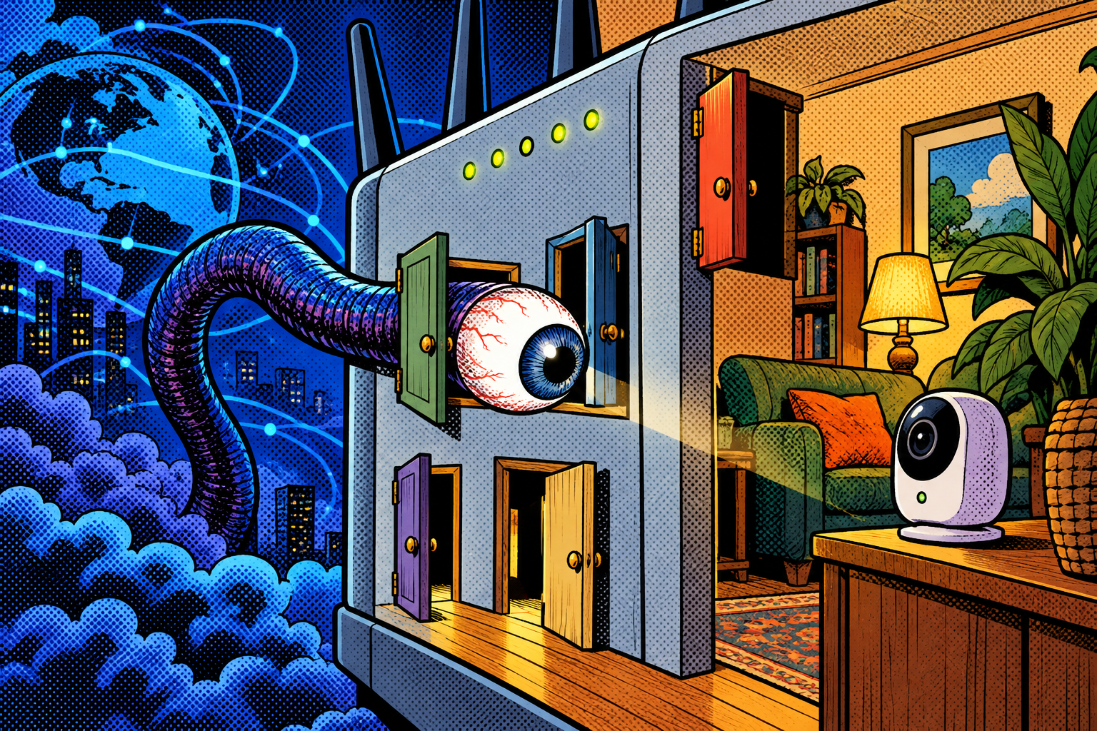 Comic: a router with several doors already ajar, an internet eye peering through one to spot a camera inside the home