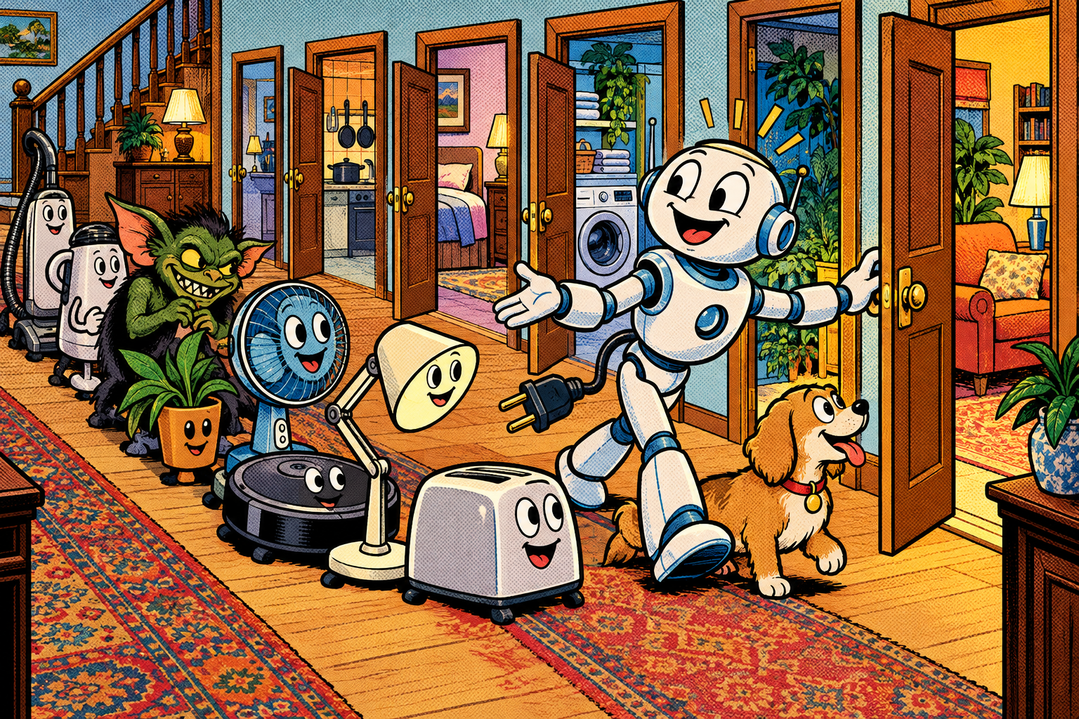 Comic: a friendly plug-and-play robot that never learned to say no opens doors for every gadget, including a sneaky gremlin in the queue