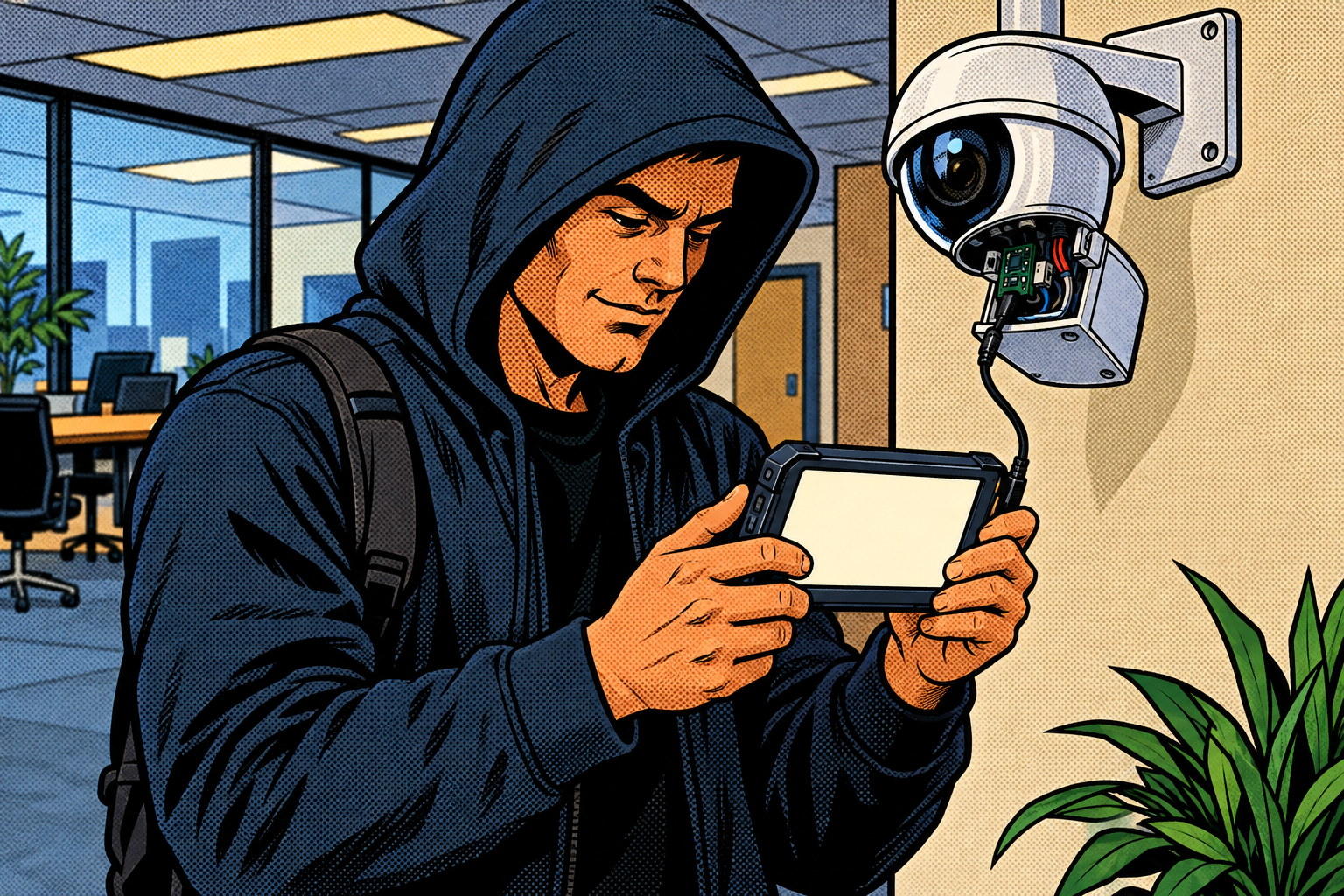 Comic: a hooded intruder taps into an office IP camera still on its default password and watches the feed
