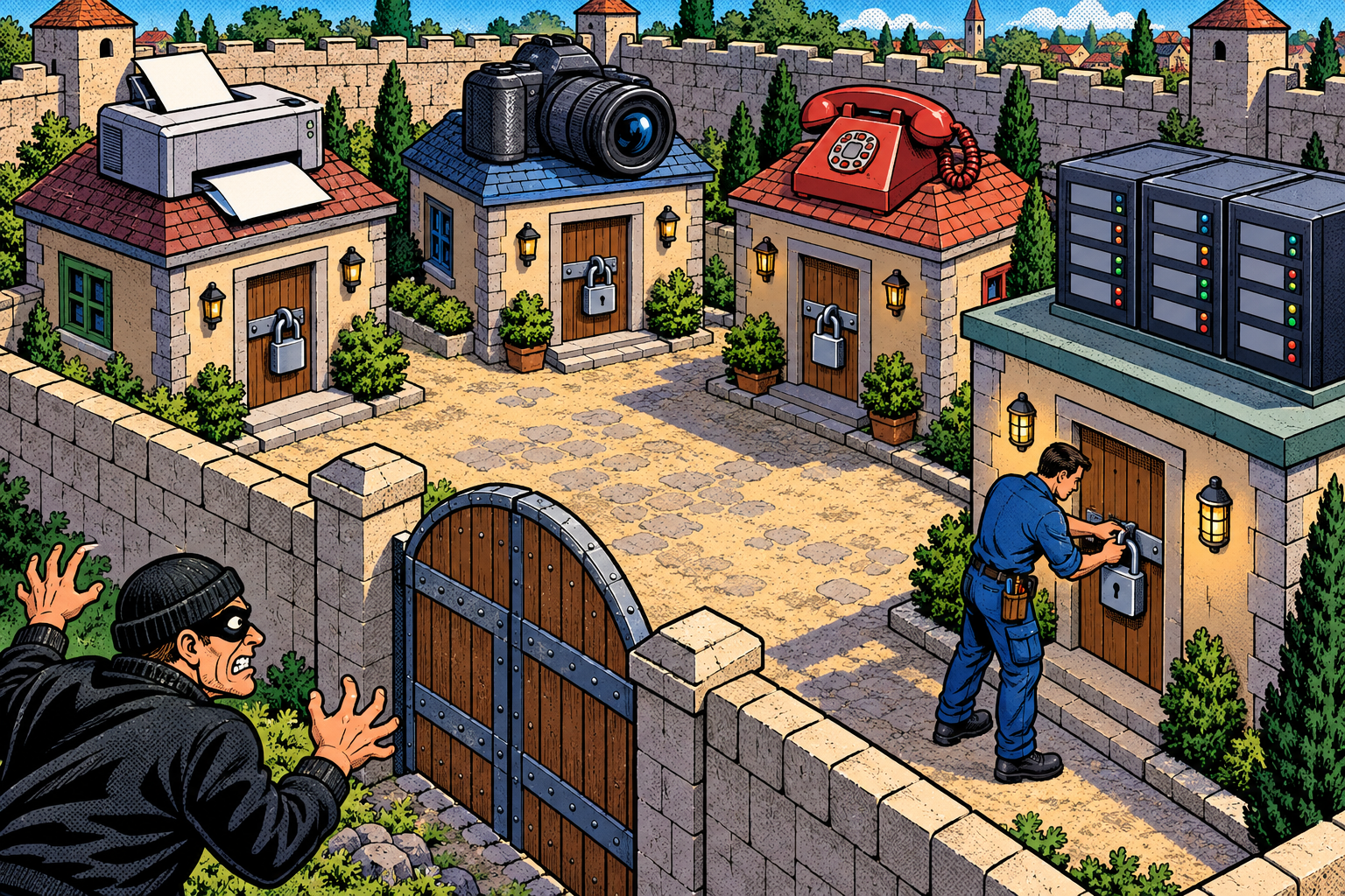 Comic: an IT administrator fits a padlock on each inner device-house of the walled town, the intruder shut out