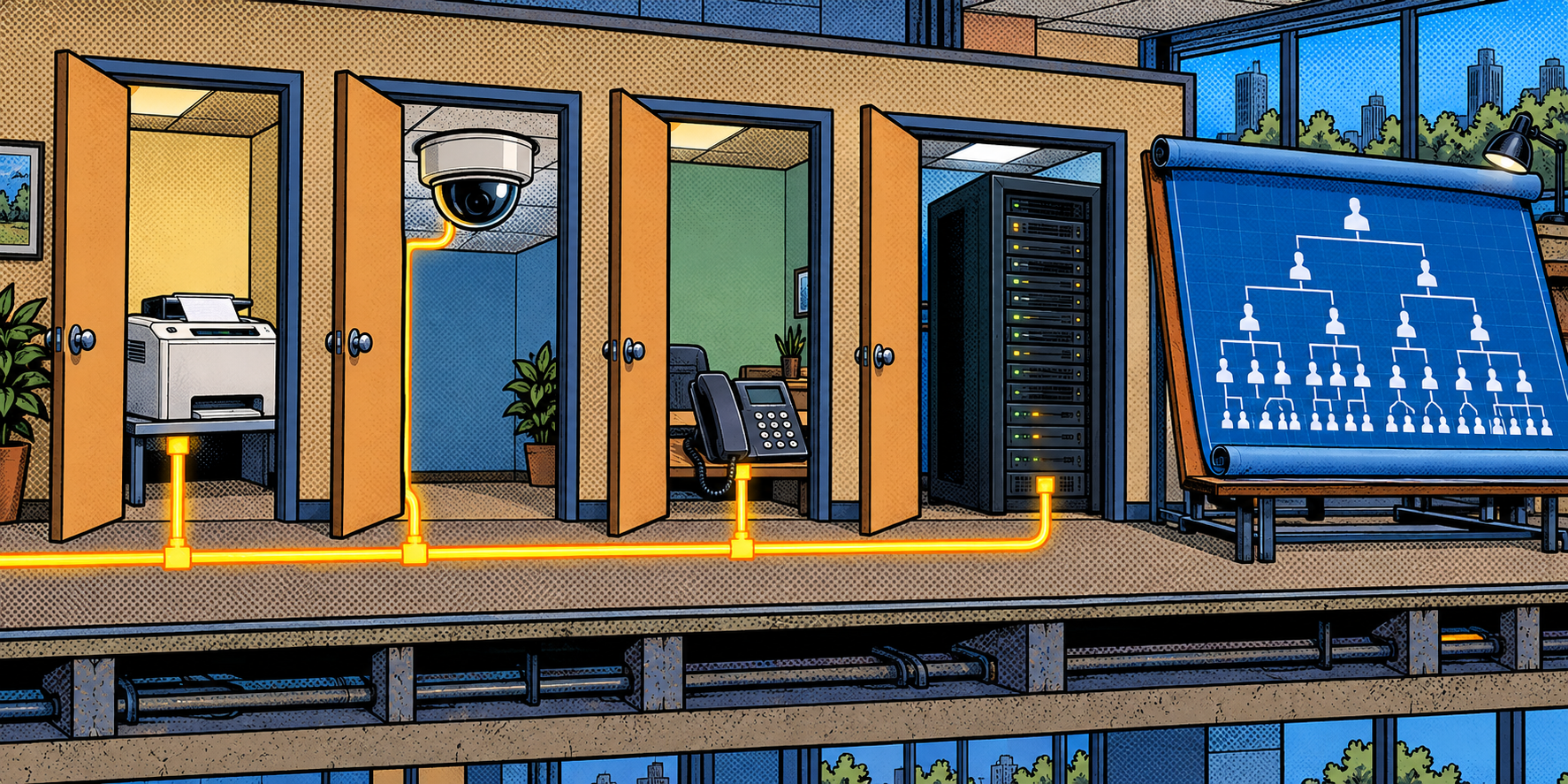 Comic diagram: a printer, camera, phone and server each behind an open door joined by one flat cable, beside an org-chart blueprint of the company directory