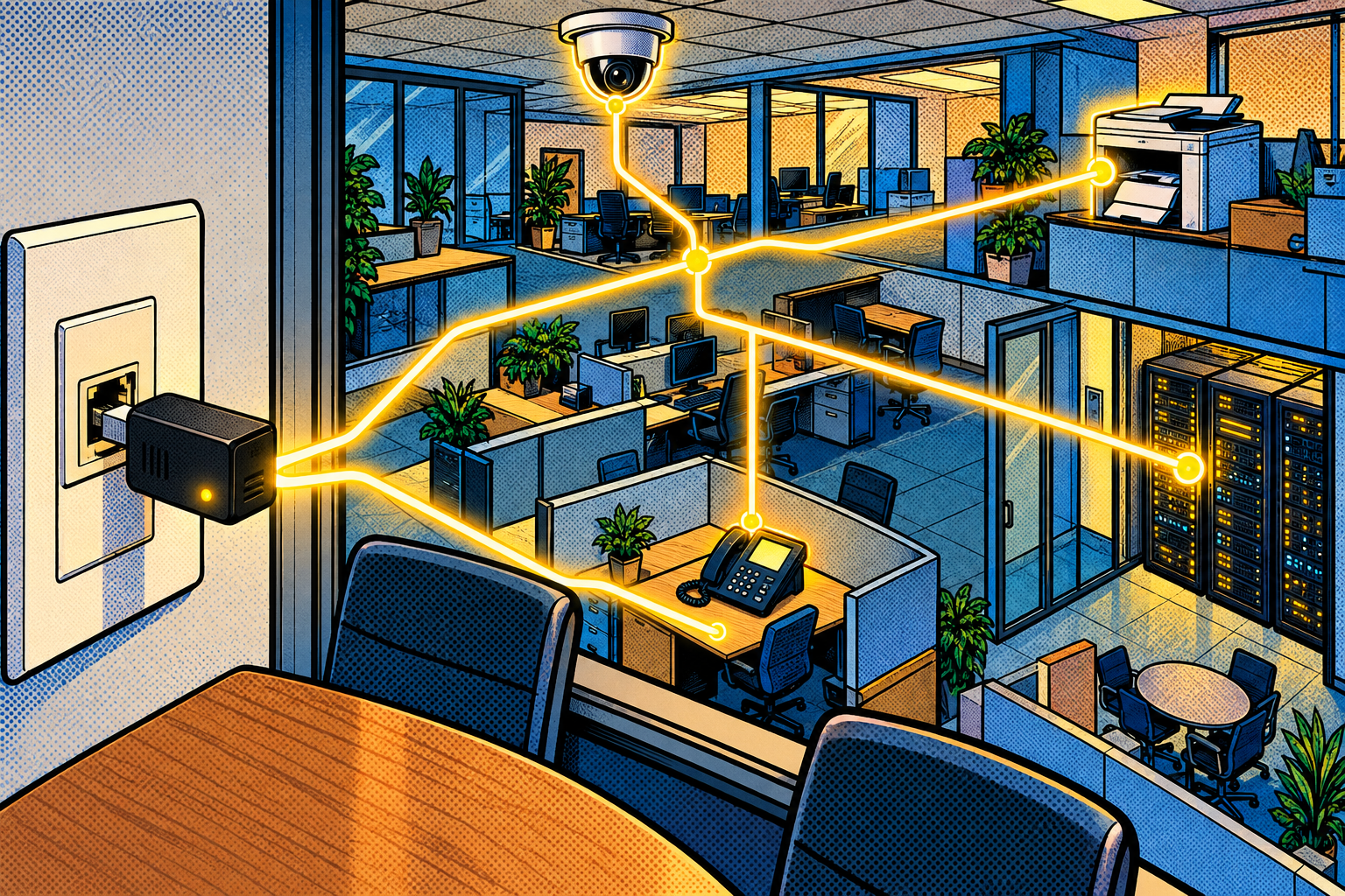 Comic: a gadget plugged into a meeting-room socket maps the whole office, glowing lines reaching the printer, camera, phone and server