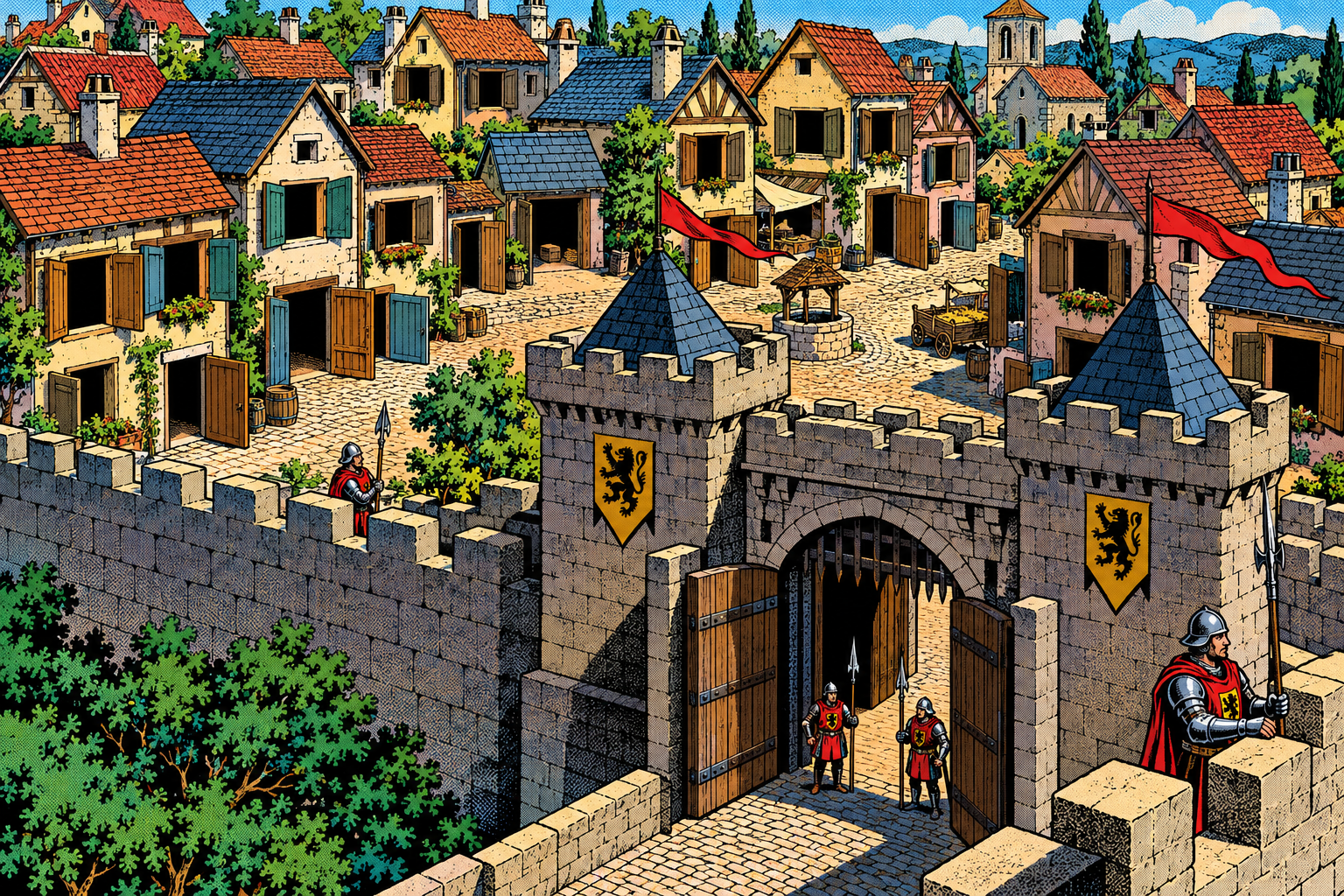 Comic: a town wall with one heavily guarded front gate, yet all the houses inside are wide open and unlocked