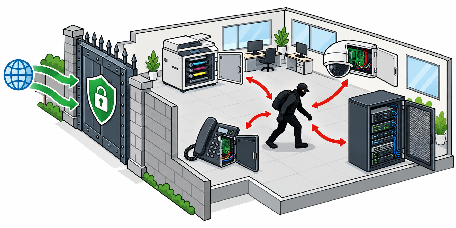 Diagram of a flat network: a strong firewall at the boundary, but printer, camera, phone and server left open to an intruder inside